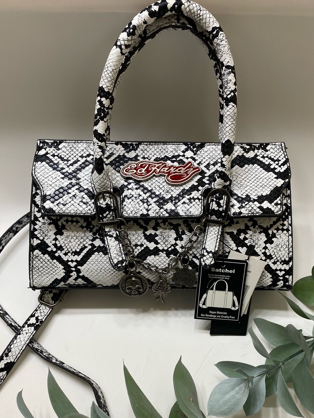 Ed Hardy Black & White Snake-Print Satchel with Charm Chain